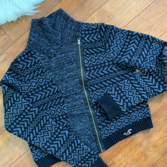 Hollister Blue Aztec Diagonal Zip Cardigan Sweater - Picture 3 of 7